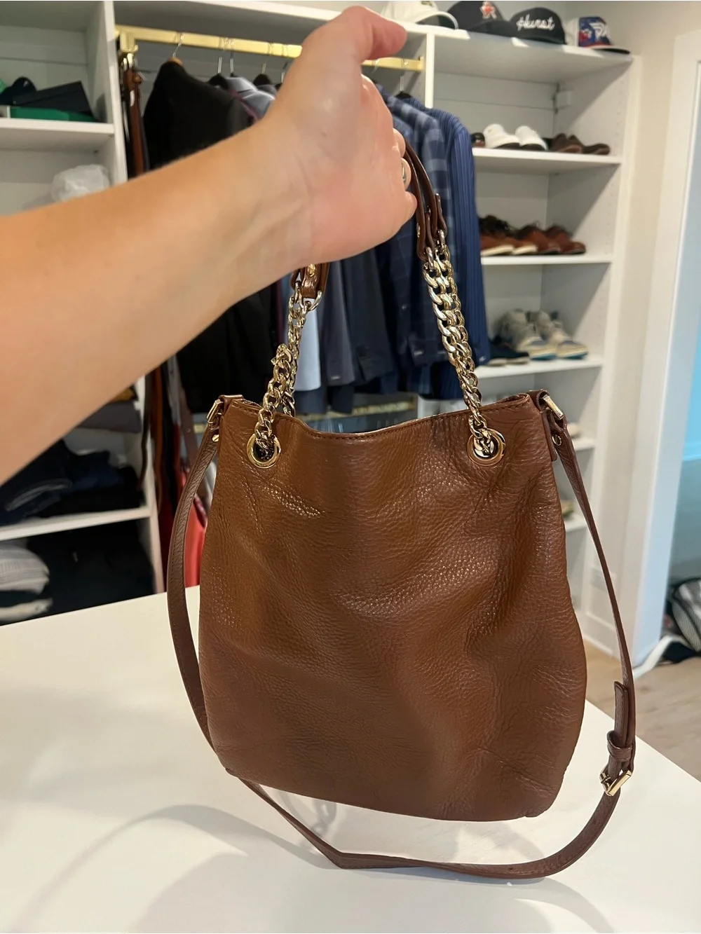 Michael Kors Brown Pebbled Leather Chain-Handle Bucket Bag